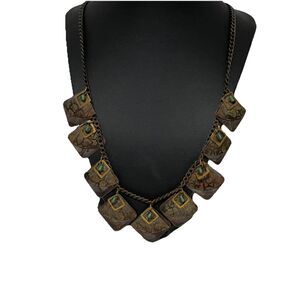 Stunning Vintage Mixed Metal Geometric Art Deco Brutalist Necklace Brass Copper